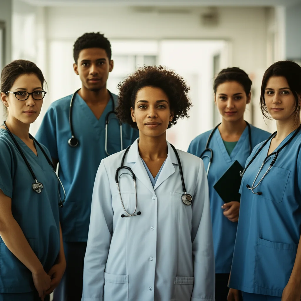 Un gruppo diversificato di persone, simbolo della comunità migrante e degli operatori sanitari, che collaborano in un ambiente accogliente e luminoso di un ospedale o clinica. Fotografia di reportage, 35mm, colori caldi e naturali, espressioni di speranza e determinazione, profondità di campo che evidenzia l'interazione umana.