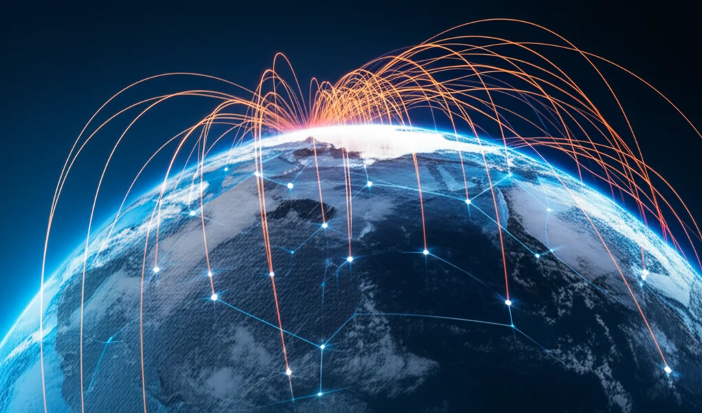 Un'immagine concettuale che fonde una visualizzazione di dati climatici globali con una rete neurale stilizzata, simboleggiando l'applicazione dell'IA all'analisi meteorologica per i derivati finanziari. Obiettivo prime 35mm, profondità di campo, toni blu e arancio per contrasto.