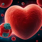 Visualizzazione artistica di molecole di colesterolo LDL intercettate da farmaci (rosuvastatina ed ezetimibe), con un cuore stilizzato e sano sullo sfondo. Illuminazione drammatica per evidenziare le molecole. Macro lens, 100mm, high detail, precise focusing, controlled lighting, con un leggero effetto bokeh sullo sfondo del cuore.