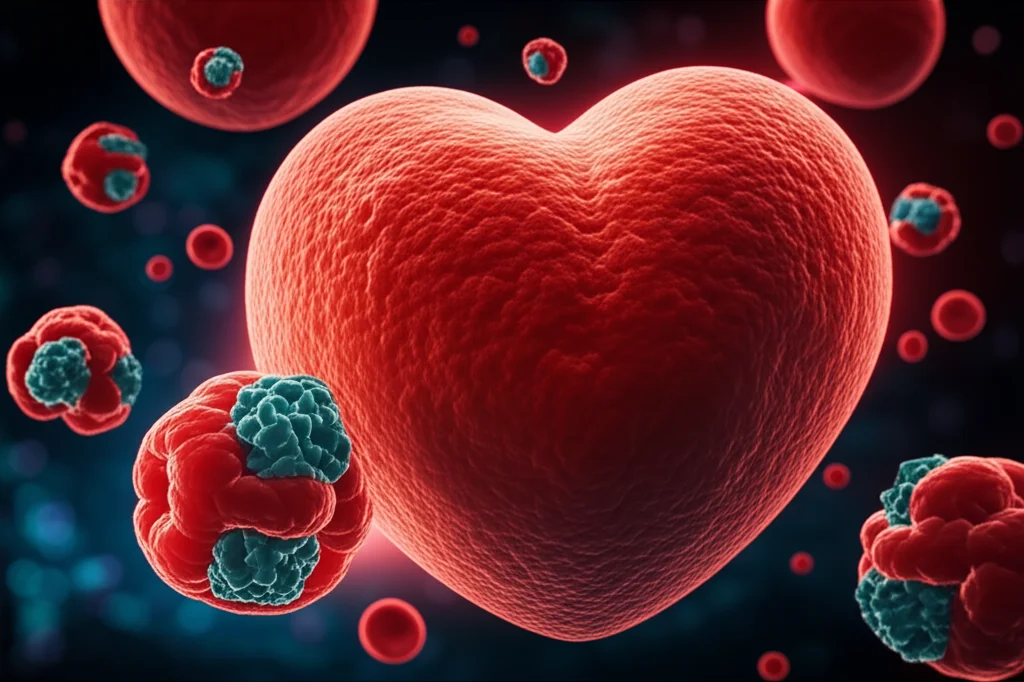 Visualizzazione artistica di molecole di colesterolo LDL intercettate da farmaci (rosuvastatina ed ezetimibe), con un cuore stilizzato e sano sullo sfondo. Illuminazione drammatica per evidenziare le molecole. Macro lens, 100mm, high detail, precise focusing, controlled lighting, con un leggero effetto bokeh sullo sfondo del cuore.