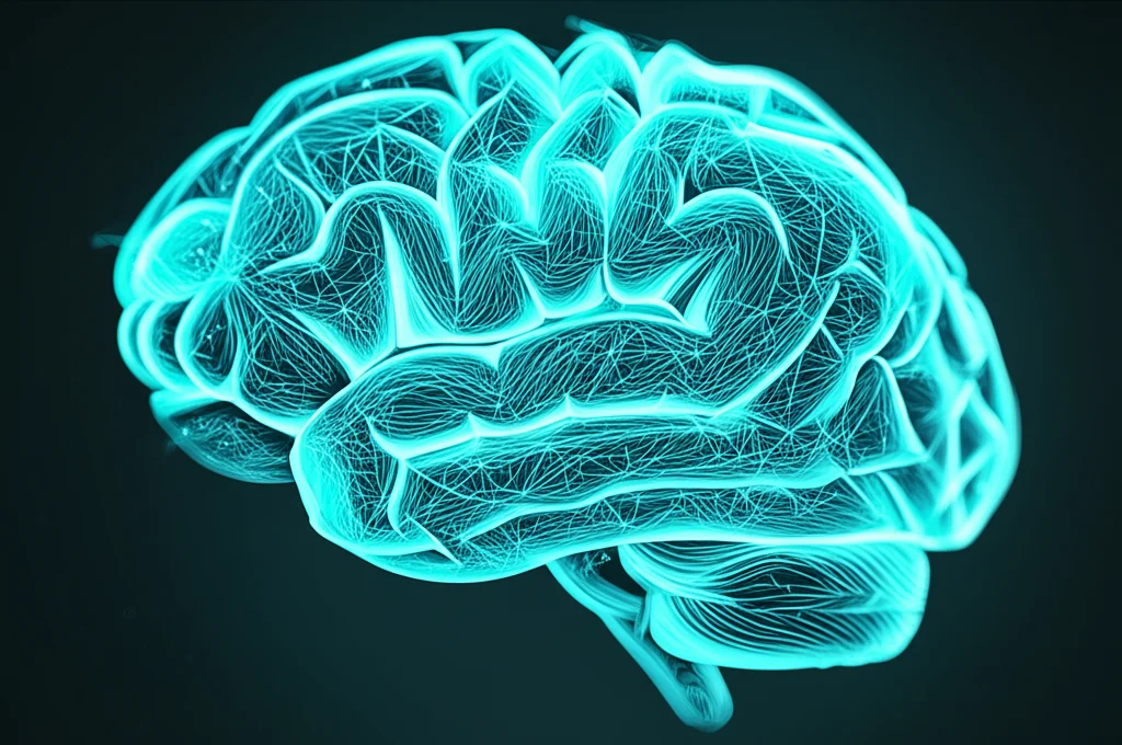 Visualizzazione concettuale di un cervello umano stilizzato con pattern di grafi luminosi simili al Goldner-Harary sovrapposti, a simboleggiare l'analisi EEG ispirata alla quantistica per la diagnosi dell'Alzheimer. Lente prime 50mm, profondità di campo, duotone ciano e magenta, illuminazione drammatica laterale, sfondo scuro e tecnologico.