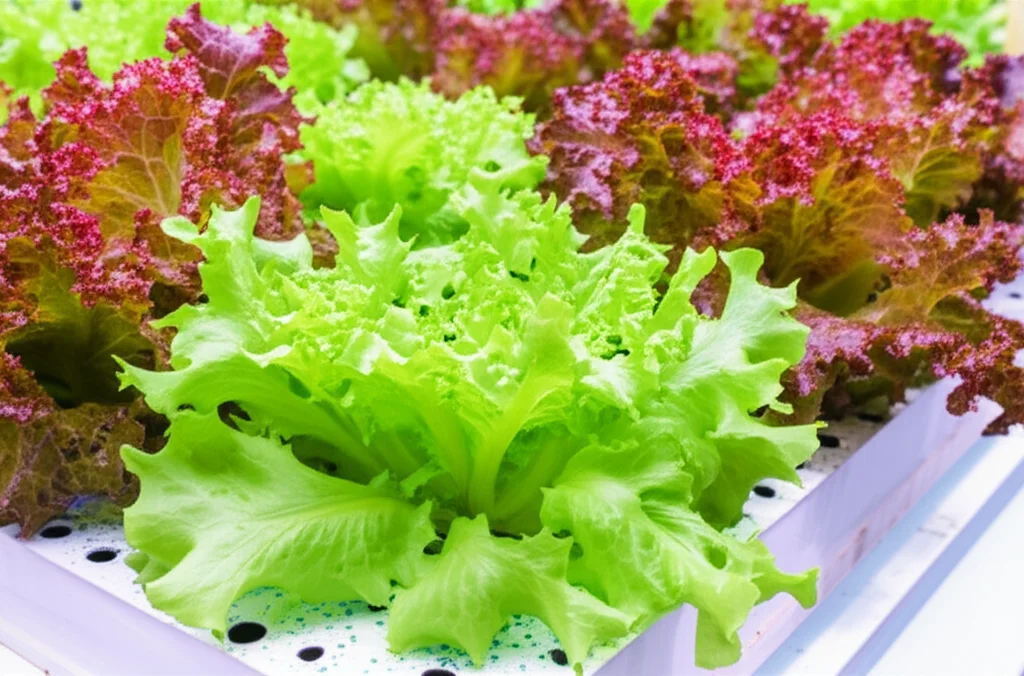 Fotografia macro fotorealistica di vibranti foglie di lattuga baby greens rosse e verdi che prosperano sotto il bagliore di specifiche luci LED (rosso, blu, bianco visibili) in un ambiente controllato di una fattoria indoor. Alto dettaglio, messa a fuoco precisa, obiettivo macro 105mm, illuminazione controllata.