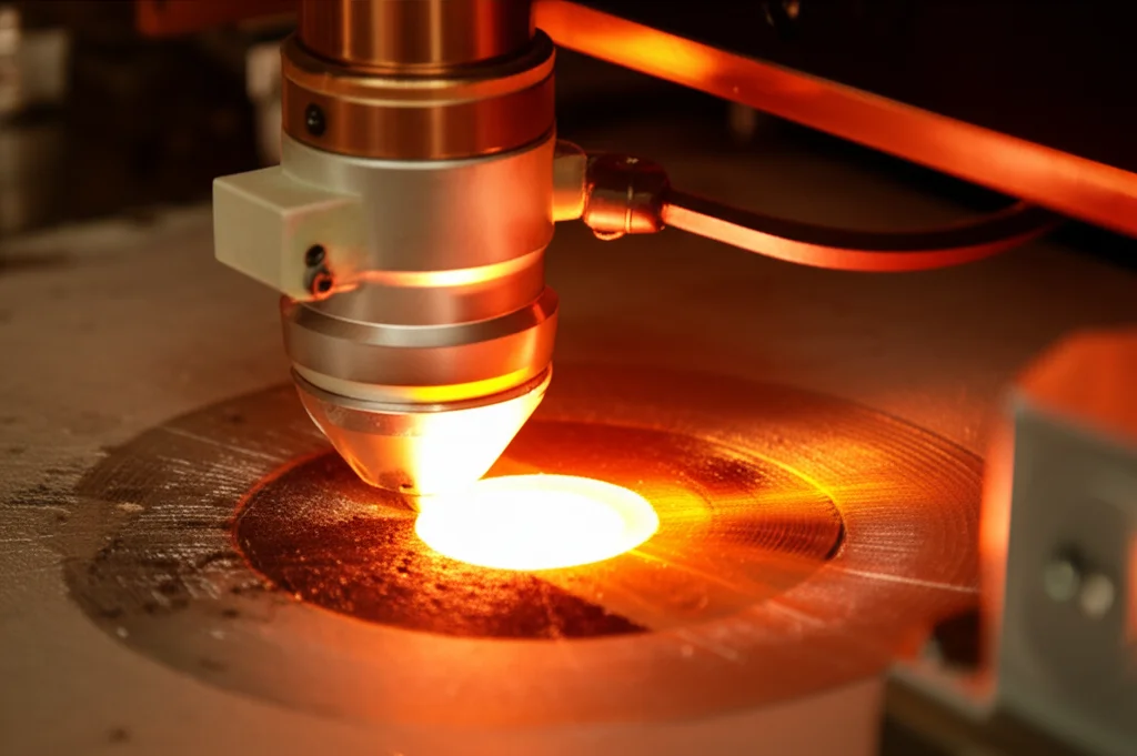 Fotografia macro, obiettivo 90mm, del processo di rivestimento laser Ni-WC su acciaio Q235, con il rullo sincronizzato visibile vicino al bagno fuso incandescente; illuminazione controllata, alta definizione per mostrare la texture metallica e le scintille.