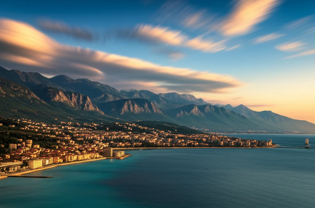 Fotografia paesaggistica, panorama mozzafiato che combina la costa adriatica slovena e le Alpi Giulie in lontananza sotto un cielo variabile, grandangolo 12mm, luce drammatica del tardo pomeriggio, focus nitido su tutta la scena, lunga esposizione per nuvole dinamiche, simboleggiando la diversità climatica della Slovenia e le sfide future per il turismo.