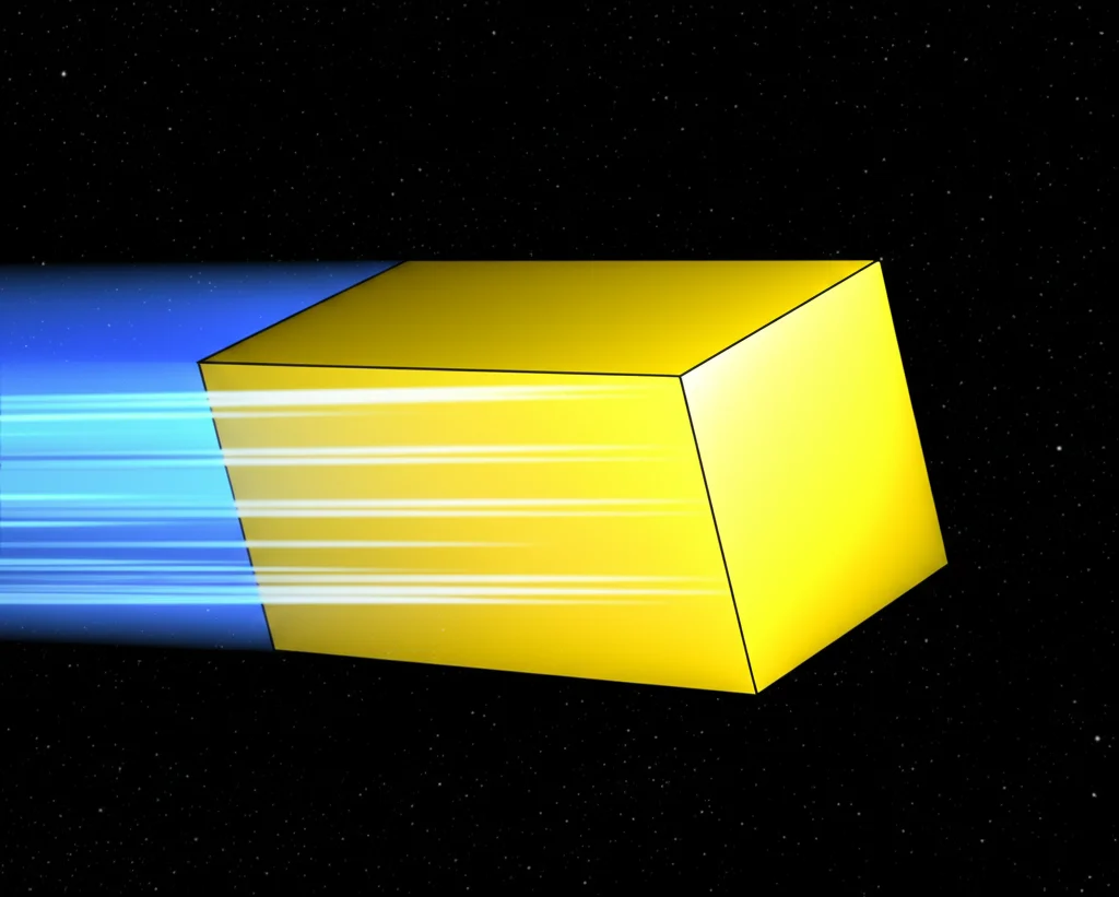 Illustrazione artistica dell'effetto Terrell-Penrose: un cubo che sfreccia a velocità prossime a quelle della luce appare ruotato anziché contratto in una foto istantanea. Stile fotorealistico, obiettivo zoom 35mm, profondità di campo, colori vibranti.