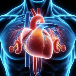 Illustrazione concettuale di un cuore umano protetto da uno scudo formato dagli 8 simboli di Life's Essential 8, con sfumature luminose che collegano cuore, reni e cervello a simboleggiare la sindrome CKM. Obiettivo 50mm, profondità di campo, illuminazione drammatica con toni caldi e freddi per un effetto dinamico e fotorealistico.
