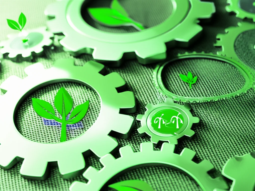 Immagine concettuale di una catena di approvvigionamento tessile sostenibile: ingranaggi verdi interconnessi che rappresentano i fornitori low-carbon, con icone di foglie e simboli di energia rinnovabile, su uno sfondo di tessuto grezzo ecologico. Obiettivo macro 90mm, alta definizione, illuminazione diffusa per enfatizzare la texture e i dettagli.