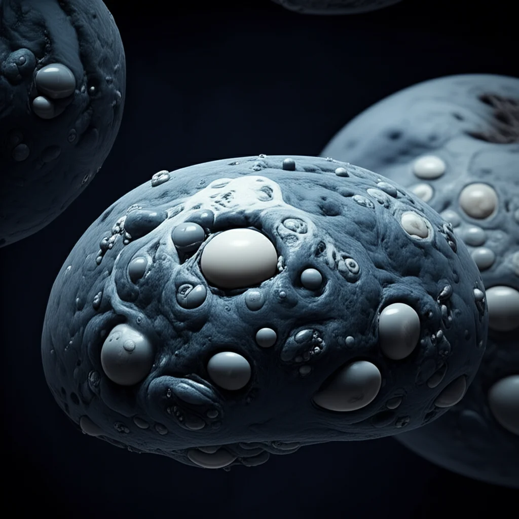 Immagine concettuale fotorealistica che illustra la dualità di un teratoma cistico maturo ovarico con trasformazione maligna. Metà immagine mostra la texture benigna e variegata di un teratoma (peli, sebo, elementi calcifici), l'altra metà una texture aggressiva e invasiva di carcinoma a cellule squamose. Illuminazione drammatica, stile film noir con toni blu e grigi duotone, obiettivo prime 35mm, profondità di campo selettiva per enfatizzare il contrasto tra benigno e maligno.