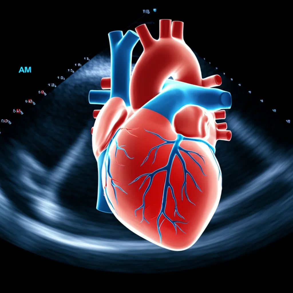 Immagine concettuale fotorealistica di un cuore umano stilizzato con onde sonore ecografiche che lo attraversano, simboleggianti la diagnosi cardiaca non invasiva. L'illuminazione è drammatica, con un focus nitido sui dettagli del cuore e delle onde. Un obiettivo macro da 70mm è stato utilizzato per enfatizzare la precisione della tecnica diagnostica non invasiva e il concetto di MAPSE/LAV.