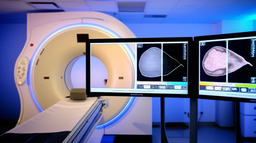 Immagine fotorealistica di un avanzato scanner PET/CT in una sala medica luminosa, con un'interfaccia digitale che mostra un confronto tra un'immagine PET rumorosa (OSEM) e una chiara (DPL), obiettivo 35mm, profondità di campo.