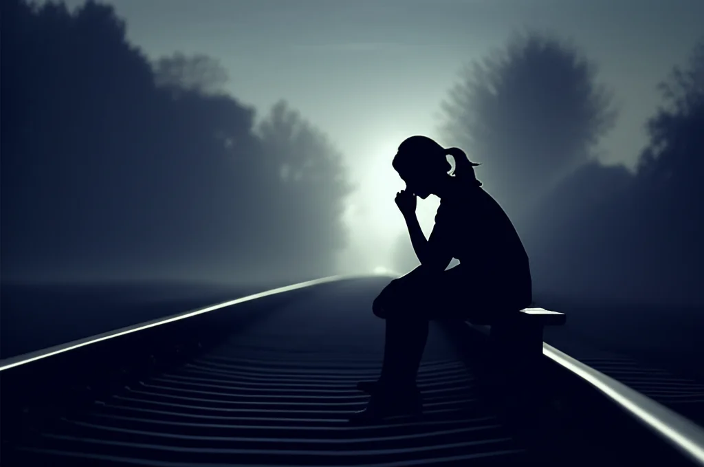 Immagine simbolica che rappresenta l'ascolto e la prevenzione nel contesto ferroviario: un binario che si perde in lontananza illuminato da una luce soffusa, con una figura umana stilizzata seduta su una panchina vicina, in atteggiamento di ascolto. Obiettivo 35mm, profondità di campo ridotta per focalizzare sulla figura e sul binario, toni blu e grigi per trasmettere serietà e speranza.