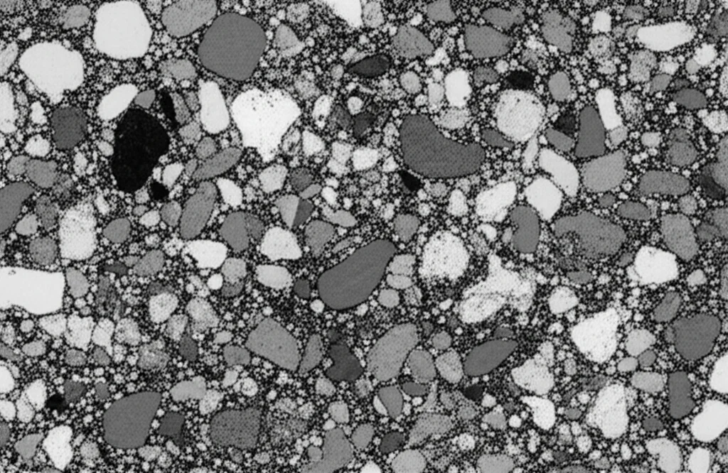 Macro fotografia 80mm di una sezione trasversale di calcestruzzo innovativo a basso tenore di carbonio, illuminazione da studio controllata, alta definizione, che evidenzia la matrice cementizia con inclusioni di aggregati riciclati e SCM.