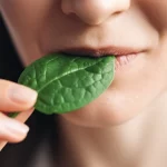 Primo piano di una persona che assaggia una foglia di spinacio fresco, focus sulla bocca e sull'espressione di gusto, lente prime 35mm, profondità di campo ridotta per sfocare lo sfondo, luce naturale morbida.