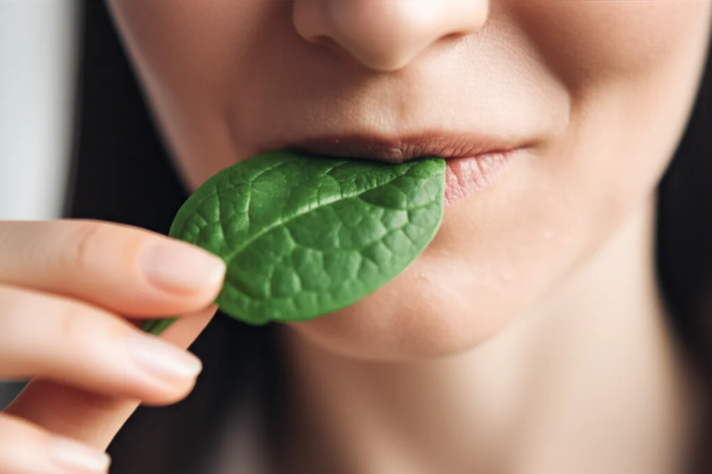 Primo piano di una persona che assaggia una foglia di spinacio fresco, focus sulla bocca e sull'espressione di gusto, lente prime 35mm, profondità di campo ridotta per sfocare lo sfondo, luce naturale morbida.