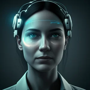 Ritratto di una persona che indossa discreti elettrodi Ear-EEG, con uno sguardo concentrato e un'interfaccia digitale futuristica sovrapposta leggermente visibile. Obiettivo 35mm, profondità di campo, tonalità duotone blu e grigio, stile cinematografico.