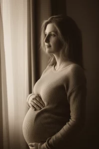 Ritratto fotografico di una donna incinta che guarda fuori da una finestra con un'espressione pensierosa, simboleggiando l'incertezza durante la pandemia COVID-19. Luce naturale soffusa, 35mm portrait, depth of field, duotone seppia e grigio.