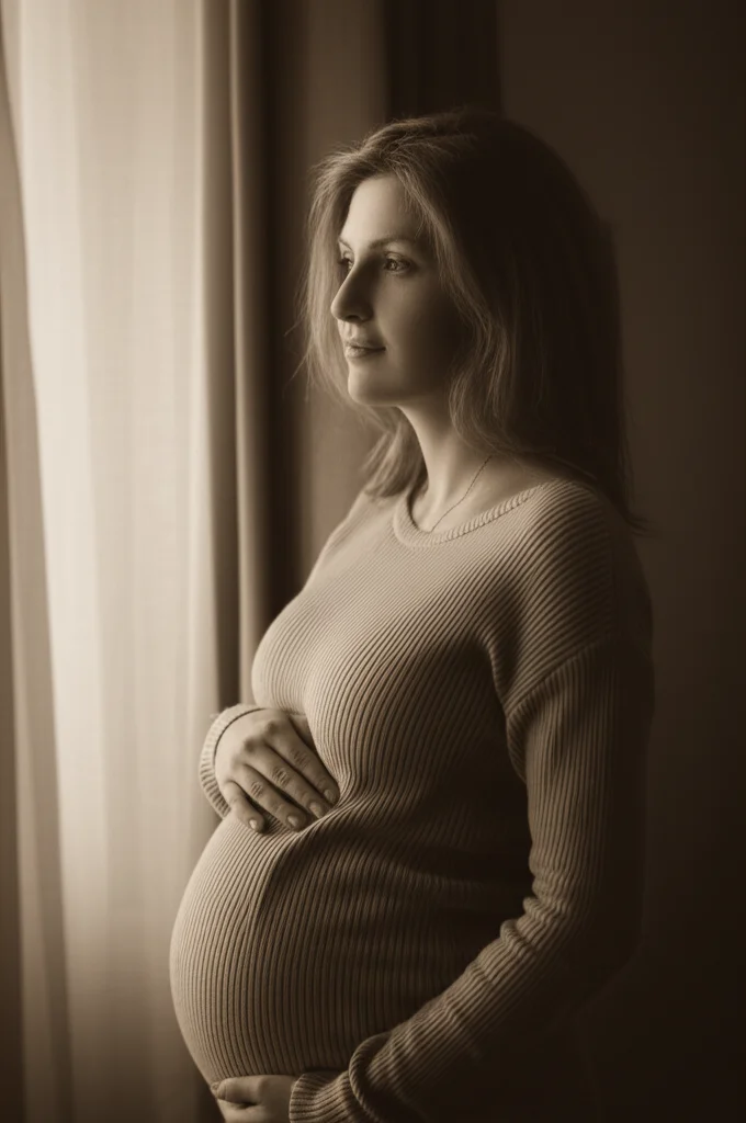 Ritratto fotografico di una donna incinta che guarda fuori da una finestra con un'espressione pensierosa, simboleggiando l'incertezza durante la pandemia COVID-19. Luce naturale soffusa, 35mm portrait, depth of field, duotone seppia e grigio.