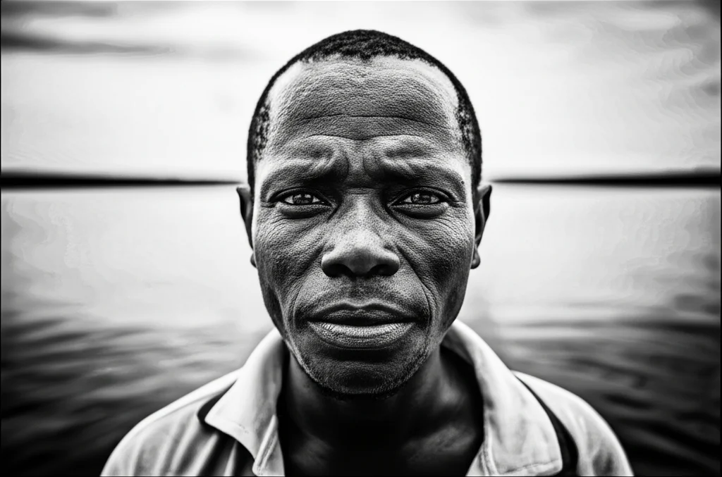 Ritratto intenso di un pescatore keniota del Lago Vittoria, obiettivo 35mm, bianco e nero, profondità di campo, che riflette le difficoltà e la resilienza della sua vita.