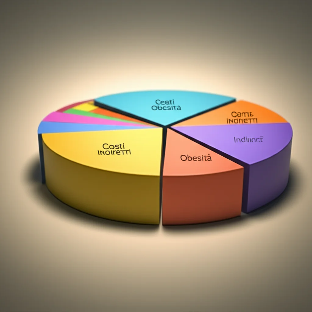 Un grafico a torta tridimensionale che mostra una grande fetta etichettata 'Costi Indiretti Obesità' che sovrasta le altre fette più piccole. Macro lens, 100mm, high detail, colori vivaci ma seri, sfondo neutro per far risaltare il grafico.