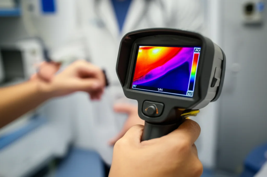 Un'immagine fotorealistica di una termocamera a infrarossi professionale puntata verso un braccio umano in un contesto di pronto soccorso. Sullo schermo della termocamera è visibile una mappa termica dettagliata dell'arto, con colori che variano dal rosso vivo (caldo) al blu scuro (freddo), evidenziando il gradiente di temperatura. Prime lens, 35mm, depth of field, illuminazione ambientale da ospedale leggermente soffusa, con un focus nitido sulla termocamera e sull'immagine termica.