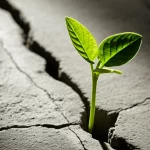 Un'immagine simbolica della resilienza infantile: una giovane pianta che cresce forte e rigogliosa attraverso una crepa nel cemento, illuminata da un raggio di sole. Fotografia macro, 90mm, alta definizione, illuminazione controllata per enfatizzare il contrasto tra la durezza del cemento e la vitalità della pianta.