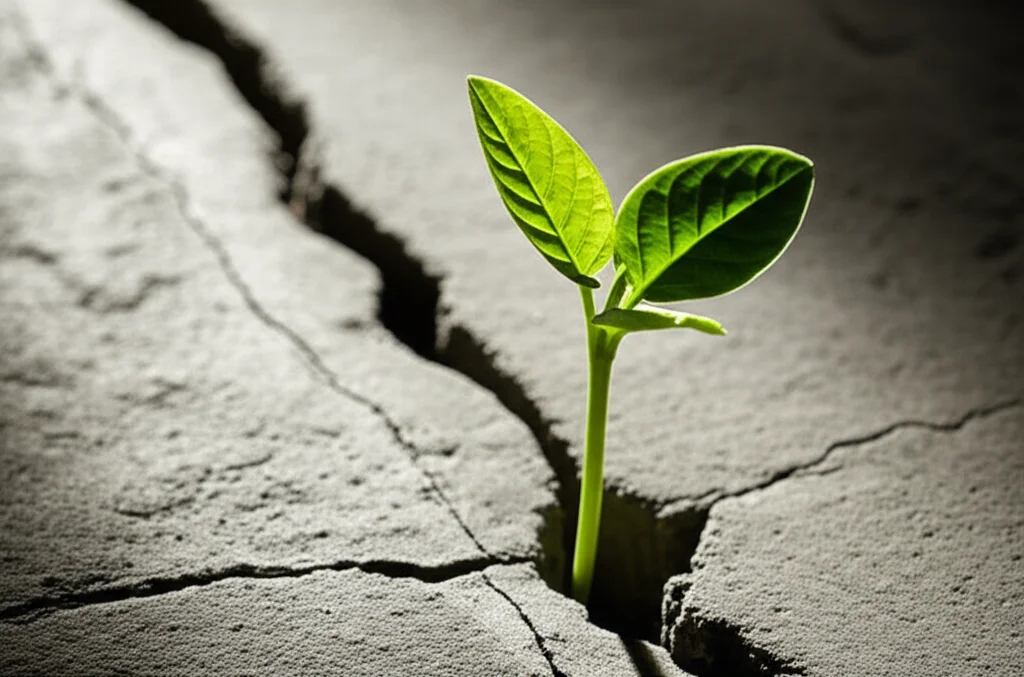 Un'immagine simbolica della resilienza infantile: una giovane pianta che cresce forte e rigogliosa attraverso una crepa nel cemento, illuminata da un raggio di sole. Fotografia macro, 90mm, alta definizione, illuminazione controllata per enfatizzare il contrasto tra la durezza del cemento e la vitalità della pianta.