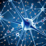 Visualizzazione astratta e fotorealistica di reti neurali che analizzano profili genetici del cancro alla prostata, con molecole di acidi grassi e ioni di ferro stilizzati. Obiettivo prime 35mm, profondità di campo, duotone blu e ambra per un look scientifico e moderno.