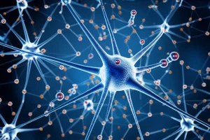 Visualizzazione astratta e fotorealistica di reti neurali che analizzano profili genetici del cancro alla prostata, con molecole di acidi grassi e ioni di ferro stilizzati. Obiettivo prime 35mm, profondità di campo, duotone blu e ambra per un look scientifico e moderno.