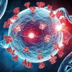 Artistic representation of the HIV-1 virus with DNA strands and histone proteins in the background, symbolizing epigenetic research. Macro lens, 100mm, high detail, with controlled lighting focusing on the interaction points, perhaps in blue and red duotones to represent active vs. latent states.