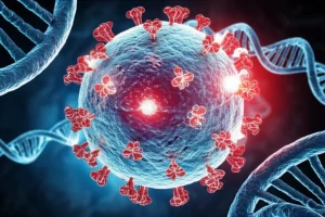 Artistic representation of the HIV-1 virus with DNA strands and histone proteins in the background, symbolizing epigenetic research. Macro lens, 100mm, high detail, with controlled lighting focusing on the interaction points, perhaps in blue and red duotones to represent active vs. latent states.