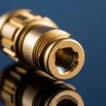 Fotografia macro di un pilastro implantare in titanio dorato appoggiato su un piano riflettente, con focus selettivo sulla connessione interna, illuminazione da studio per esaltare la texture metallica, focale 100mm, alta definizione dei dettagli.