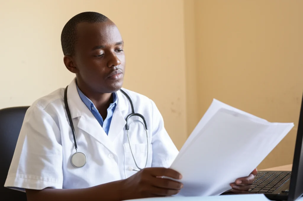 Fotografia realistica di un medico o infermiere ruandese in un ambiente clinico rurale, che esamina attentamente documenti o uno schermo (simbolo del sistema eIDSR), con un'espressione concentrata. Obiettivo prime 35mm, luce naturale, profondità di campo che mostra l'ambiente semplice ma ordinato, colori caldi e terrosi.