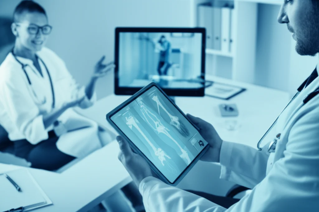 Fotografia realistica di un medico reumatologo che esamina i referti di un paziente con artrite reumatoide su un tablet, mentre sullo sfondo si vede una paziente che interagisce con lui tramite uno schermo per una visita virtuale. L'ambiente è uno studio medico moderno. Obiettivo prime 35mm, profondità di campo, illuminazione controllata, duotone blu e argento per un look tecnologico ma umano.