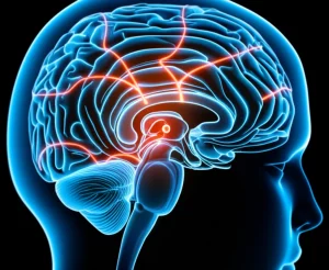 Illustrazione fotorealistica dell'habenula all'interno di un cervello umano trasparente, con connessioni neurali luminose che si diramano verso la corteccia orbitofrontale e la corteccia cingolata posteriore. Utilizzo di un obiettivo macro da 90mm per evidenziare i dettagli dell'habenula, con illuminazione controllata per creare un forte contrasto e profondità di campo. L'immagine evoca la complessità delle cognizioni negative e il ruolo centrale dell'habenula.