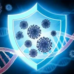 Immagine concettuale di uno scudo protettivo luminoso che simboleggia l'efficacia dei vaccini, con particelle virali respinte dallo scudo. Sfondo astratto con elementi scientifici come doppie eliche di DNA e cellule immunitarie. Illuminazione drammatica, obiettivo grandangolare 24mm per un effetto avvolgente.