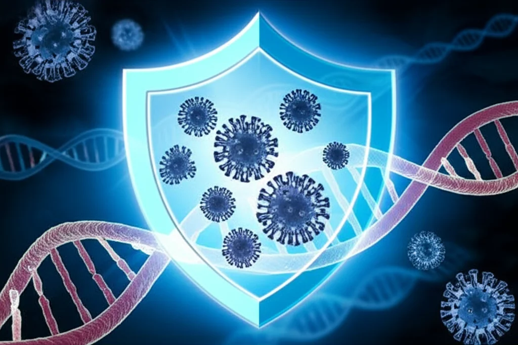 Immagine concettuale di uno scudo protettivo luminoso che simboleggia l'efficacia dei vaccini, con particelle virali respinte dallo scudo. Sfondo astratto con elementi scientifici come doppie eliche di DNA e cellule immunitarie. Illuminazione drammatica, obiettivo grandangolare 24mm per un effetto avvolgente.