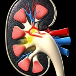 Immagine concettuale fotorealistica che mostra un rene umano parzialmente ostruito con un focus ingrandito sull'urotelio, dove le cellule brillano indicando l'attivazione di PPARγ, stile macro 80mm, illuminazione drammatica controllata, alto dettaglio.