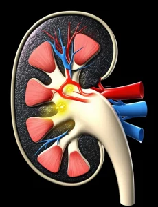 Immagine concettuale fotorealistica che mostra un rene umano parzialmente ostruito con un focus ingrandito sull'urotelio, dove le cellule brillano indicando l'attivazione di PPARγ, stile macro 80mm, illuminazione drammatica controllata, alto dettaglio.