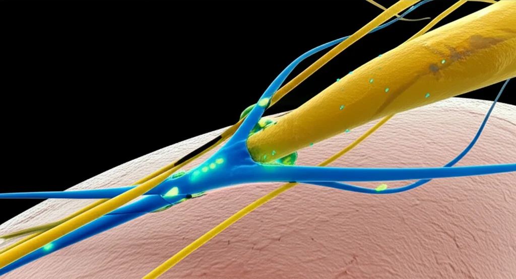 Immagine concettuale fotorealistica del midollo spinale umano con un'area danneggiata che mostra segni di rigenerazione grazie a un trattamento innovativo con Paclitaxel. Dettagli microscopici di neuroni e assoni, con focus selettivo sulla zona di guarigione attivata dalla via Wnt/β-catenin. Illuminazione da studio che evidenzia la complessità della struttura. Lente macro 90mm, alta definizione, profondità di campo, colori vibranti per le molecole di segnalazione.