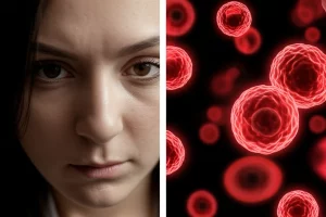 Immagine fotorealistica concettuale, vista divisa: a sinistra, un primo piano con lente da 50mm del volto di una persona con espressione leggermente preoccupata, focus morbido sullo sfondo; a destra, una vista macro con lente da 100mm ad alta definizione di cellule infiammatorie astratte, rosse e luminose, su sfondo scuro, a simboleggiare la risposta biologica interna allo stress psicologico.
