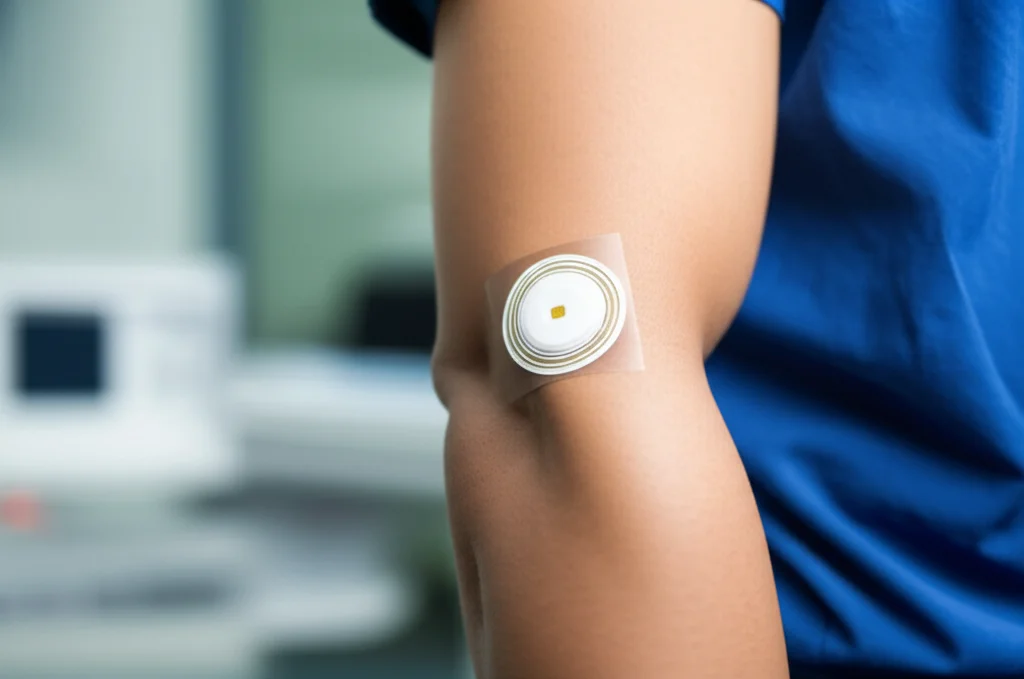 Immagine fotorealistica di un elettrodo ECG flessibile AgNRs-PDMS di nuova generazione applicato al braccio di un paziente in un ambiente clinico luminoso. Obiettivo prime 35mm, profondità di campo per mettere a fuoco l'elettrodo e il comfort sulla pelle. Colori naturali e vivaci.