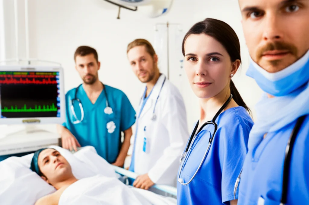 Immagine fotorealistica di un team infermieristico in terapia intensiva coronarica che collabora attorno al letto di un paziente, monitor accesi sullo sfondo con grafici vitali, espressioni concentrate e professionali, luce clinica ma calda, obiettivo 35mm, profondità di campo che sfoca leggermente lo sfondo.