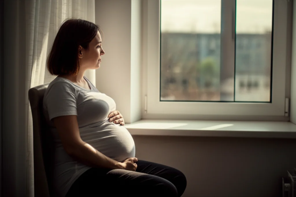 Immagine simbolica di una donna incinta che guarda verso un futuro incerto durante il periodo del lockdown, luce soffusa che filtra da una finestra, obiettivo 35mm, stile introspettivo e leggermente malinconico, colori tenui.
