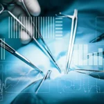 Macro lens, 100mm, depth of field, controlled lighting, sterile surgical field overlaid with a subtle representation of patient health data, illustrating surgical risk factors.