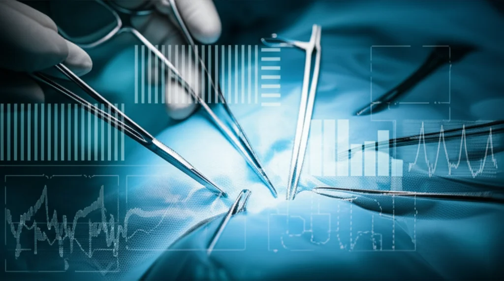 Macro lens, 100mm, depth of field, controlled lighting, sterile surgical field overlaid with a subtle representation of patient health data, illustrating surgical risk factors.