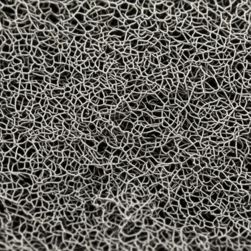 Primo piano macro di un campione di gomma metallica microporosa elastica disordinata (EDMMR), illuminazione controllata per evidenziare la complessa struttura intrecciata dei fili metallici e i micropori, obiettivo macro 100mm, alta definizione.