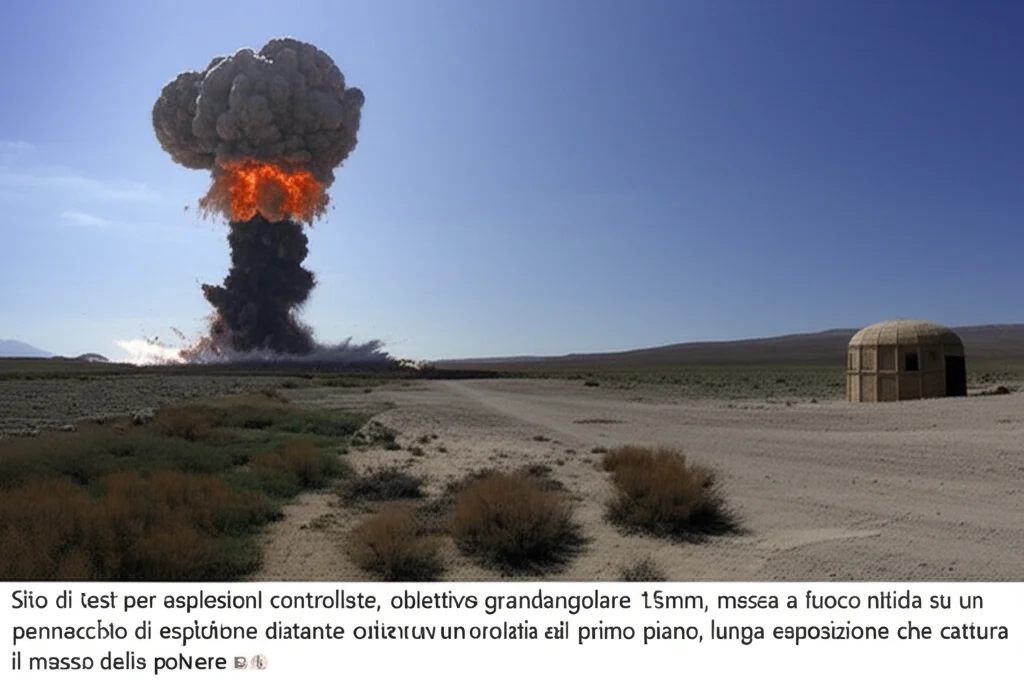 Sito di test per esplosioni controllate, obiettivo grandangolare 15mm, messa a fuoco nitida su un pennacchio di esplosione distante contro un cielo sereno, bunker di sicurezza visibili in primo piano, lunga esposizione che cattura il mosso della polvere.