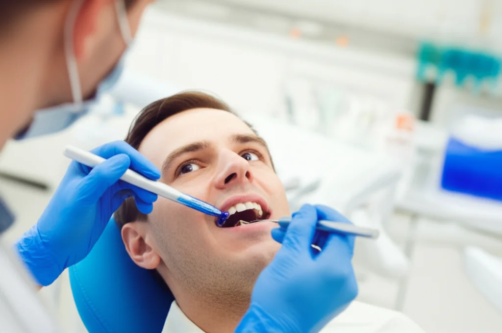 Un dentista, indossando guanti e mascherina, applica con precisione una formulazione viscosa di blu di metilene di un intenso colore blu su un dente di un paziente sdraiato sulla poltrona dentistica. L'ambiente è uno studio dentistico moderno, ben illuminato, con attrezzature specialistiche visibili sullo sfondo. Fotografia di ritratto, obiettivo prime 35mm, profondità di campo che mette a fuoco l'applicazione del gel sul dente, lasciando lo sfondo leggermente sfocato.