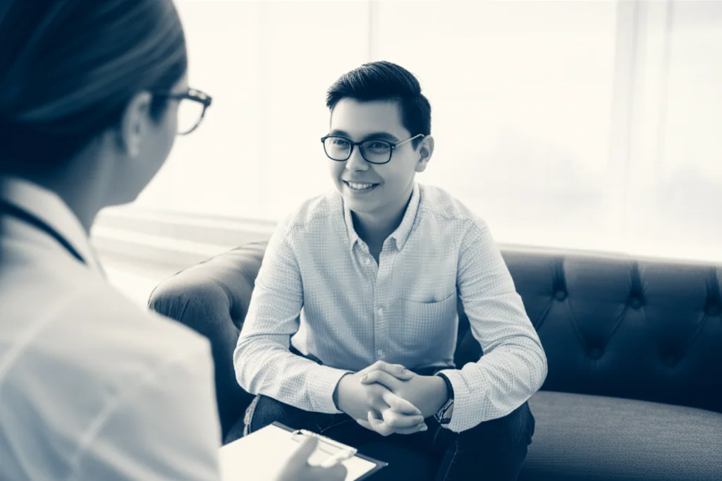 Un giovane adolescente sorridente con occhiali, impegnato in una sessione di terapia individuale con un terapeuta attento in un ambiente calmo e confortevole. L'immagine trasmette speranza e supporto. Fotografia ritratto, obiettivo 35mm, duotone blu e grigio, profondità di campo.