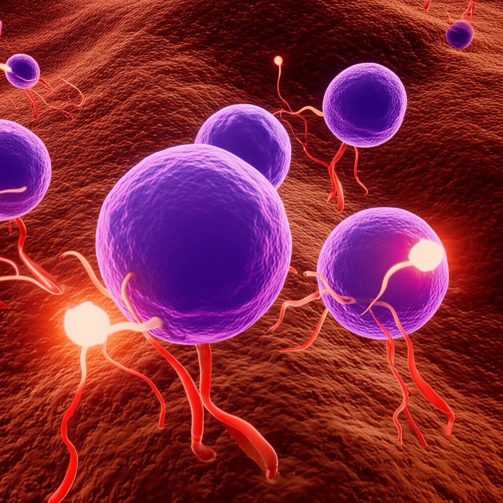 Visualizzazione 3D fotorealistica di osteoclasti, cellule multinucleate, che interagiscono attivamente con la superficie di un osso in un ambiente infiammatorio. Macrofagi M1, riconoscibili per la loro morfologia, sono presenti nelle vicinanze e rilasciano citochine, rappresentate come piccole particelle luminose di diversi colori che si diffondono verso gli osteoclasti. L'illuminazione è drammatica, con luci e ombre che accentuano la tridimensionalità e la texture dell'osso e delle cellule. Obiettivo macro da 90mm, alta definizione, per evidenziare i dettagli fini delle interazioni cellulari e della superficie ossea erosa.